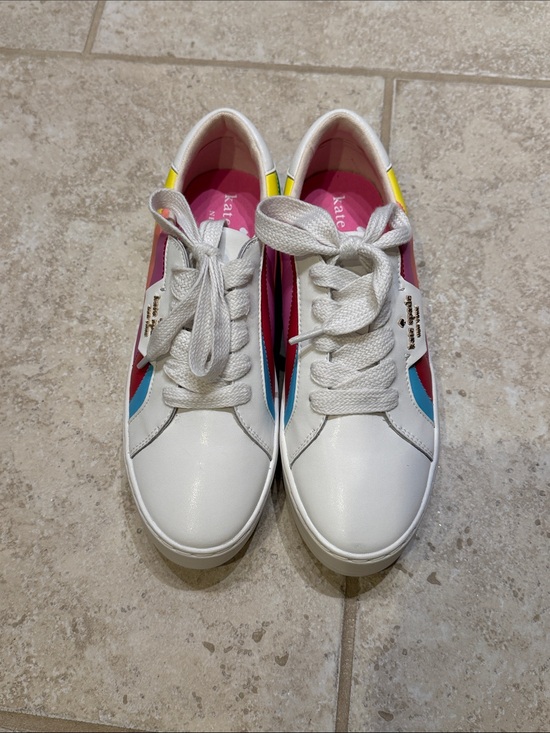 kate spade Shoes - kate spade White Leather Sneakers with Pink, Blue & Yellow Accents